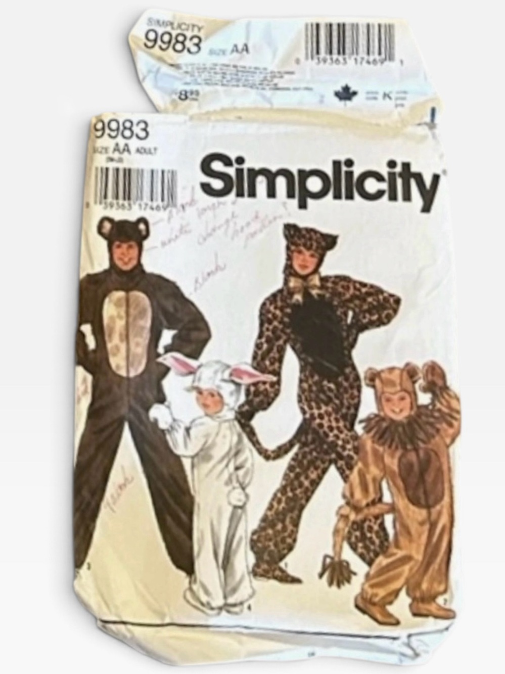 Simplicity 9983 Adult Costume Sewing Pattern S M L Bear Cat Bunny UNCUT Vintage⁠